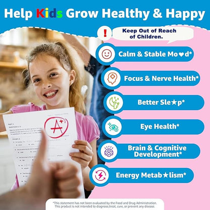 Saffron +Magnesium Glycinate +Omega-3 - Calm Focus Gummies for Kids 4+, Saffron Extract Supplement with L-Theanine, Holy Basil, Rosemary, B6, D3 for Happy Mood, Cognition, ZZz, Sugar Free, 2 Pack