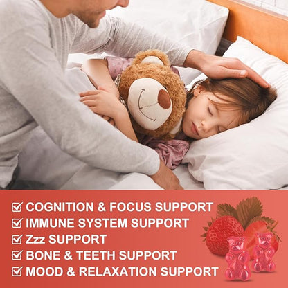 Magnesium Glycinate Gummies for Kids & Adults - Relaxation & Cognition Support - 400/200mg Magnesium Supplement with L-Theanine, Chamomile, B6, D3 & K2 - Vegan, Sugar Free, Strawberry Flavor, 60 Ct