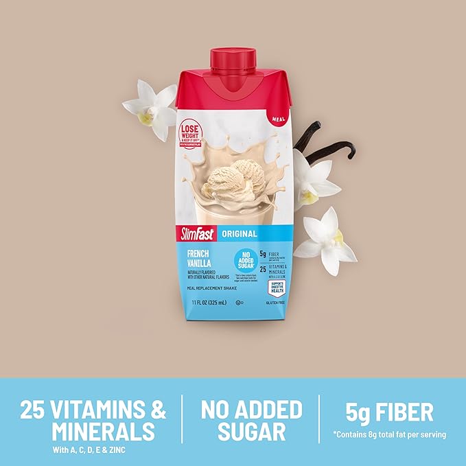 SlimFast Meal Replacement Shake, Original French Vanilla, No Added Sugar, Meal Replacement Shakes, 10g Ready to Drink Protein, 5g Fiber, 25 Vitamins and Minerals, 11 Fl. Oz, 12 Count