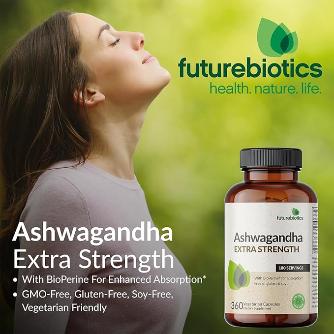 Futurebiotics Ashwagandha Extra Strength Stress & Mood Support with BioPerine - Non GMO Formula, 120 Vegetarian Capsules