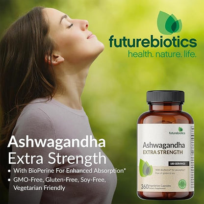 Futurebiotics Ashwagandha Extra Strength Stress & Mood Support with BioPerine - Non GMO Formula, 120 Vegetarian Capsules