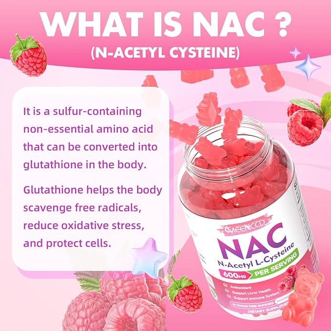 MEENCCD NAC Gummies, N Acetyl Cysteine 600mg, NAC Supplement for Antioxidants & Immune Support, Sugar-Free, Natural Raspberry Flavor, 60 Count