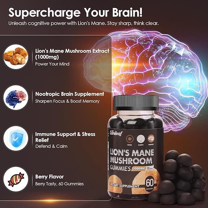 Lions Mane Mushroom Gummies for Nootropic Brain Supplement, Immune Support,Stress Relief Mushroom Supplement Berrry Flavor 60 Count