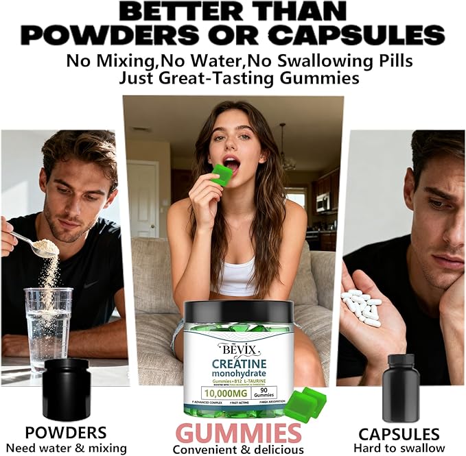 Creatine Gummies, Potent creatine monohydrate Gummies,for Energy Boost, Increase Strength and Build Muscle,withL-Taurine, B12 Gluten-Free, Sugar Free,90Count