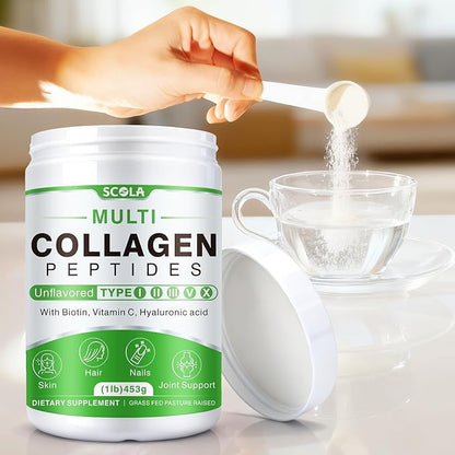 SCOLA Collagen Peptides Powder- Type I, II, III, V, X - Hydrolyzed Collagen Peptides with Vitamin C Hyaluronic Acid, Supports Skin Hair Nail & Joint, Non-GMO, 1lb