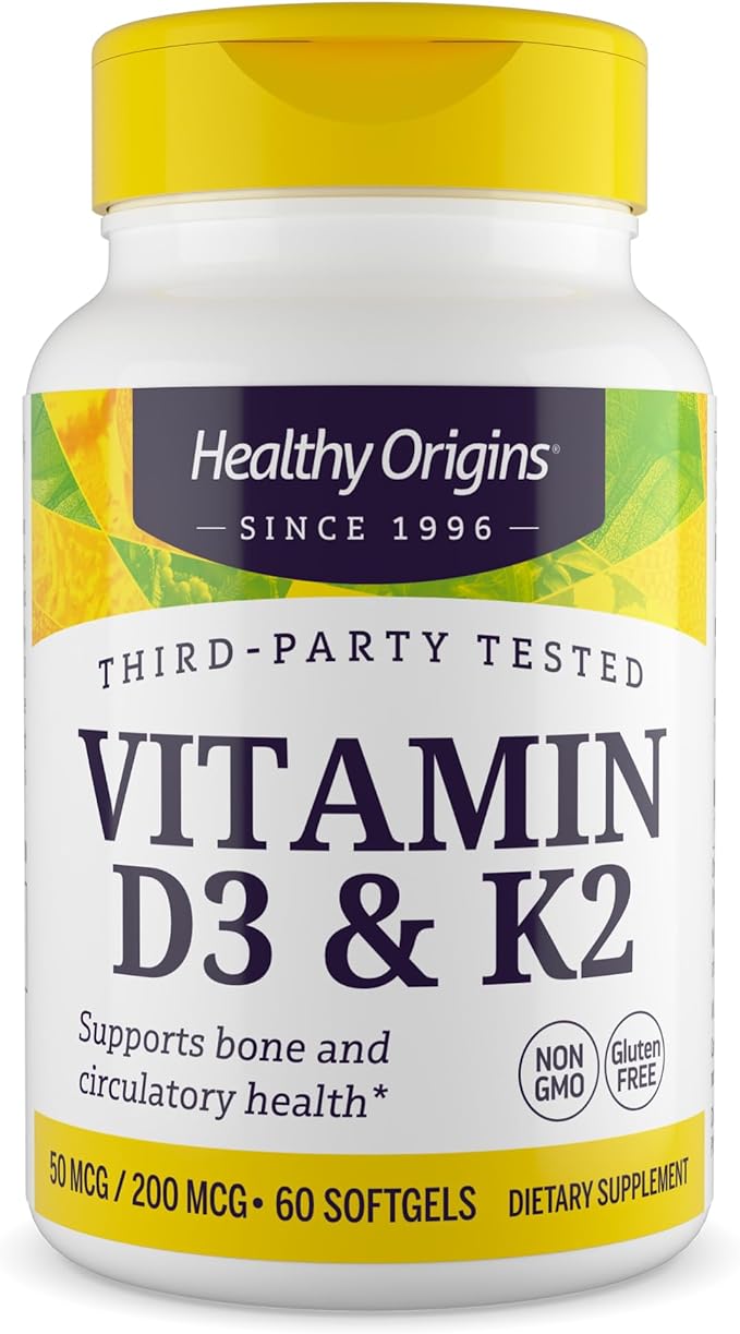 Healthy Origins Vitamin D3 & K2 - Vitamin D3, 50 mcg - Vitamin K2, 200 mcg - Easily Absorbable Vitamin D & Vitamin K Supplements - Non-GMO & Gluten-Free Supplements - 60 Softgels