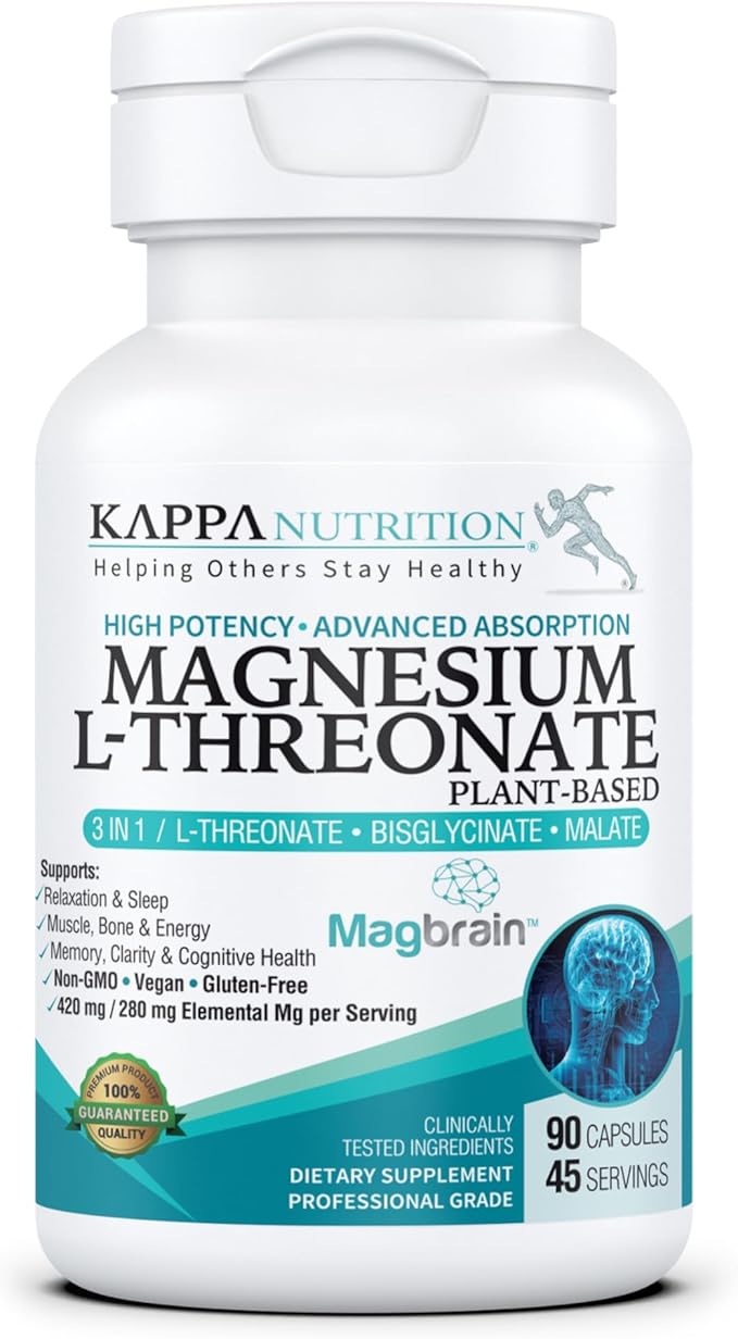 Kappa Nutrition Powered by Magbrain™ Magnesium L-Threonate Plant-Based, 90 Vegan Capsules, 420mg Elemental Magnesium (3 Capsules) from 2,253mg, Brain, Sleep & Muscle Support.