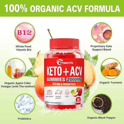 Apple Cider Vinegar Gummies, Keto ACV Gummies Max Strength 2000mg Apple Cider Vinegar with Mother, Probiotics & Vitamin B12, for Digestion, Metabolism, Cleanse & Detox Diet, 60 Count