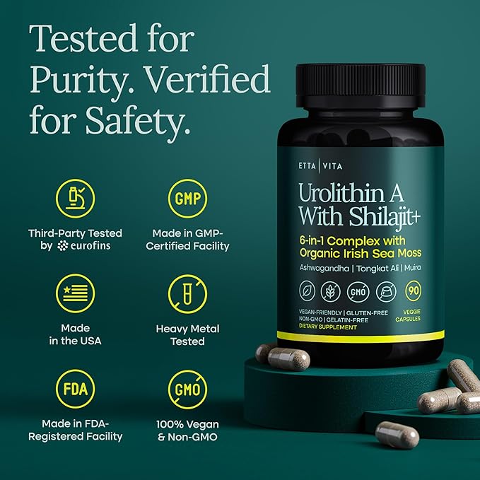 Urolithin-A Complex w Shilajit, Organic Sea Moss, Ashwagandha & Tongkat Ali, Natural Energy, Libido, Hormone Balance, and Focus for Men & Women (Made in USA - 3rd Party Tested)