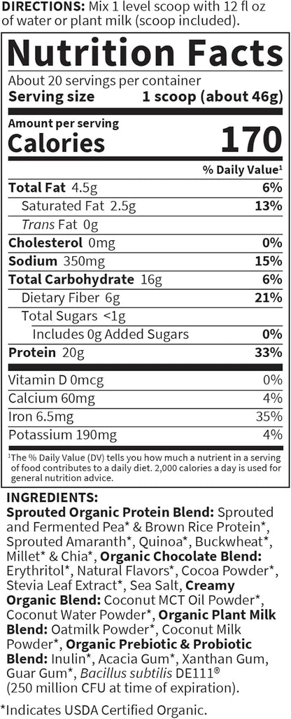 Garden of Life Creamy Plant Protein + Oat Milk Powder + Chocolate Flavor Vegan Protein Powder – Plant Based, Prebiotics & Probiotics, Gluten-Free, Non-GMO, Chocolate Brownie Flavor, 2 LBS