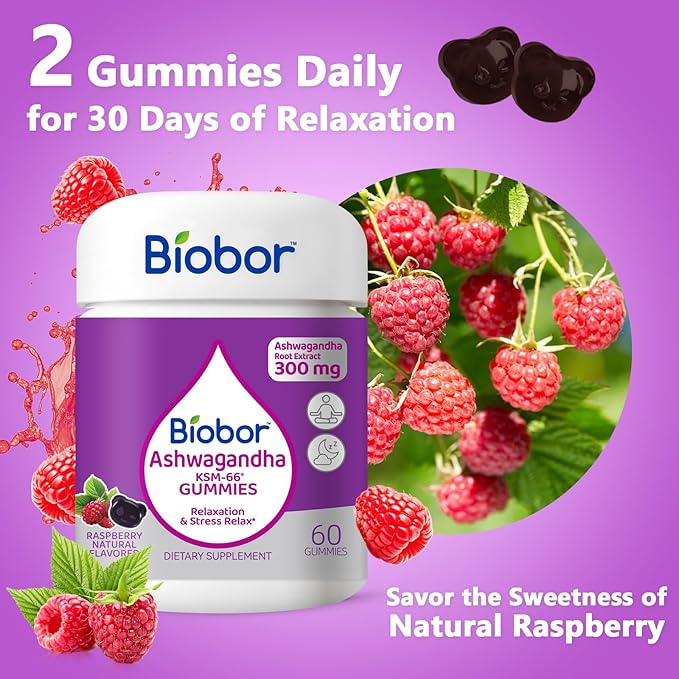 Biobor (2 Packs) Ashwagandha Gummies, KSM-66 Ashwagandha Root Extract with Vitamin D3, Relaxation Support & Immune Support for Adults - GMO Free, Gluten Free, 120 Count