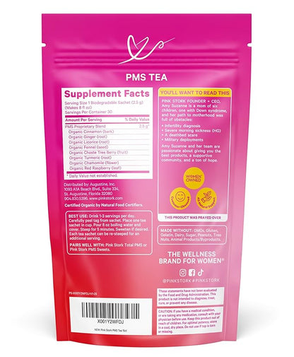 Pink Stork Organic PMS Tea for Hormone Balance, Mood Swings, Bloating, and Period Regularity - 8 Herbs - Vitex, Red Raspberry Leaf, Chamomile - Caffeine-Free - 15 Sachets, Hot or Iced