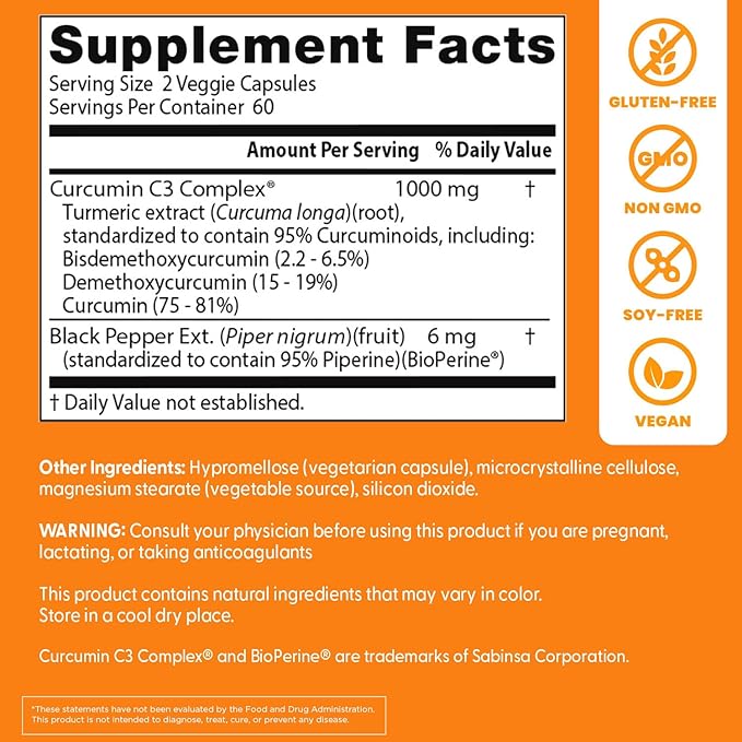 Doctor's Best Turmeric Curcumin Supplement 1000mg for Men & Women - Curcumin Caps from Turmeric Root, Black Pepper Extract (BioPerine), 95% Piperine, Joint Health Support, Non GMO - 120 Veg Capsules