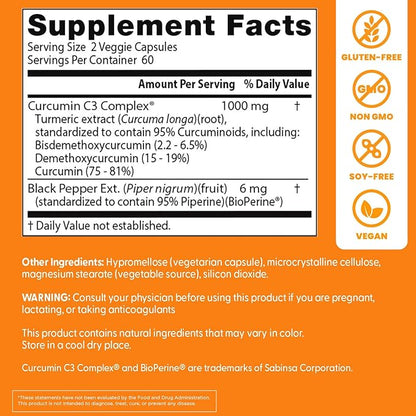 Doctor's Best Turmeric Curcumin Supplement 1000mg for Men & Women - Curcumin Caps from Turmeric Root, Black Pepper Extract (BioPerine), 95% Piperine, Joint Health Support, Non GMO - 120 Veg Capsules