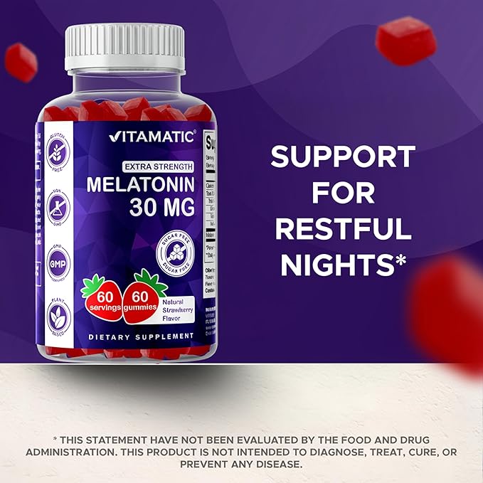 Vitamatic Sugar Free Melatonin 30mg per Gummy - 60 Servings - 60 Vegetarian Gummies - Non-Habit Forming Supplement (60 Count (Pack of 3))