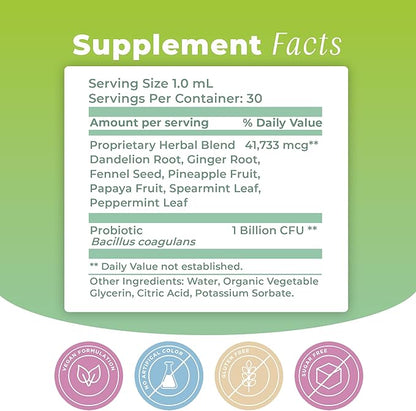 Debloat Organic Liquid Drops for Natural Gas & Bloating Relief, Supports Digestive & Gut Health with Probiotic, Dandelion, Ginger, Fennel, Peppermint 1.0 Fl Oz.