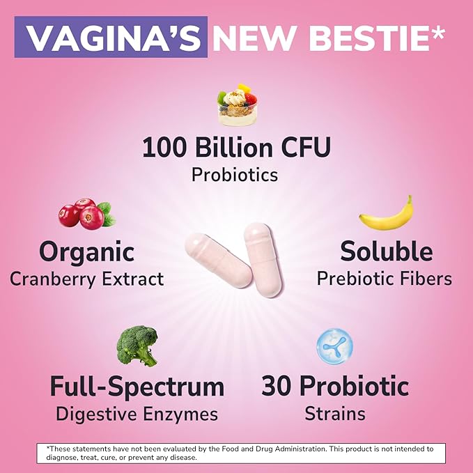 Probiotics for Women 30 Strains, 100 Billion CFU Vaginal Probiotics with Digestive Enzymes, Prebiotics & Cranberry for Urinary Tract Health, pH Balance, 30 Veggie Capsules