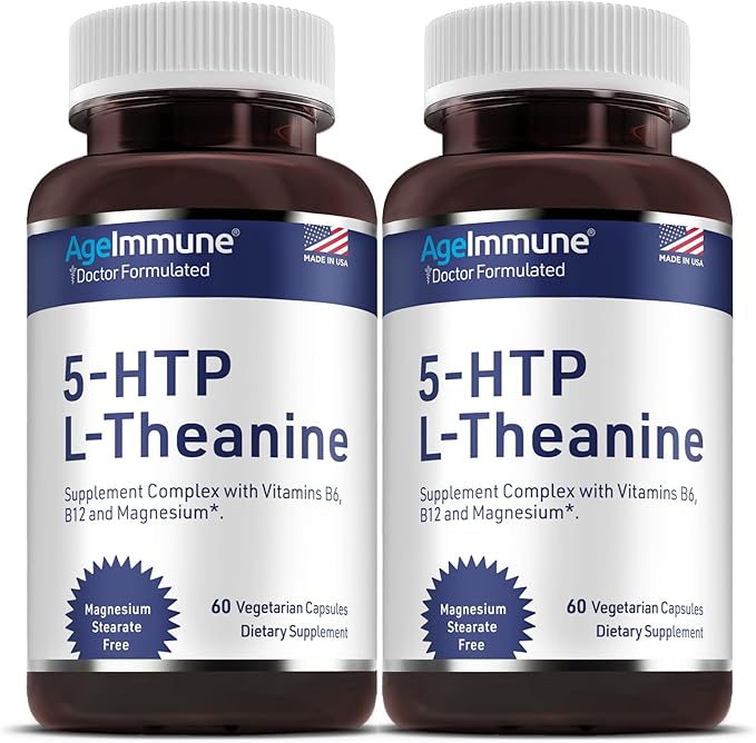 5-HTP Formula for Stress Relief and relaxation support for Teens and Adults with 5-HTP, L-Theanine, Vitamin B6, Vitamin B12, Magnesium - Doctor Formulated - Magnesium Stearate Free - 60 capsules.