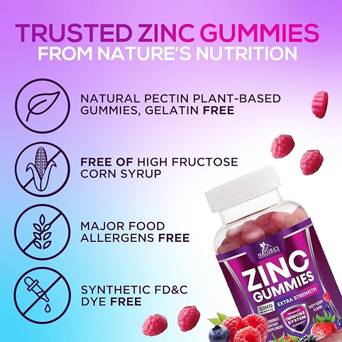 Zinc Gummies - 50mg Zinc Per Serving Immune Skin & Bone Support Health Gummy - Premium Antioxidant Chewable, High Absorption Vegan, Best Supplements Vitamin for Adults, Tasty Berry Flavor, 60 Gummies