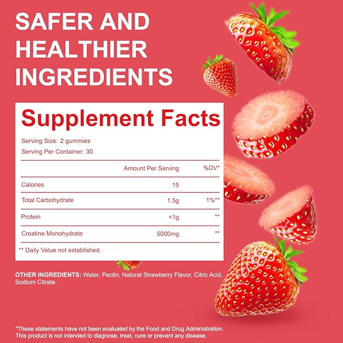 Creatine Monohydrate Gummies 5000mg – Sugar-Free, Vegan, Gluten-Free – Enhanced with Vitamin B12 & L-Taurine for Muscle Growth, Recovery & Strength – Delicious Strawberry Flavor, 60 Count