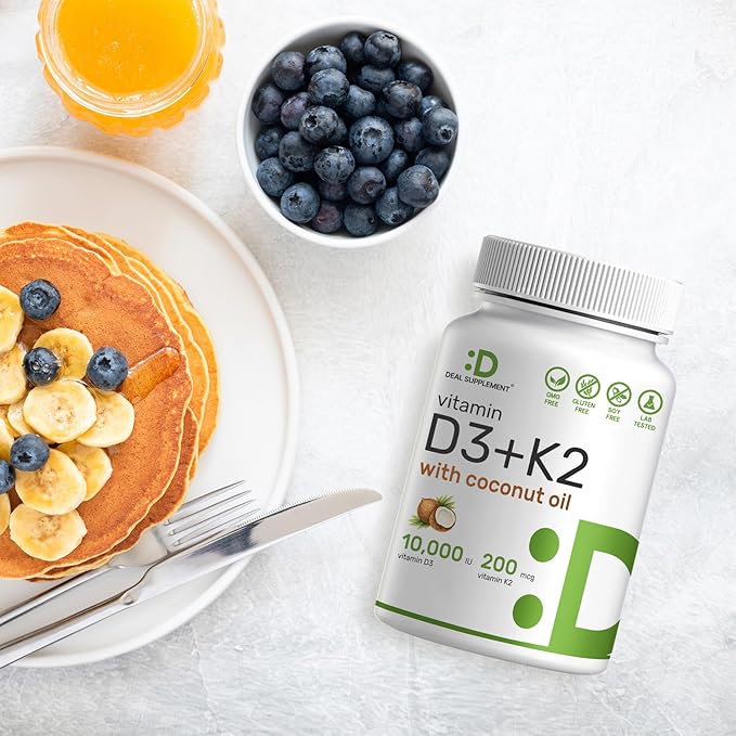 DEAL SUPPLEMENT Vitamin D3 10,000 IU + K2 MK7 200mcg Softgels, 250 Count | 2-in-1 Complex with Virgin Coconut Oil | Easy to Swallow