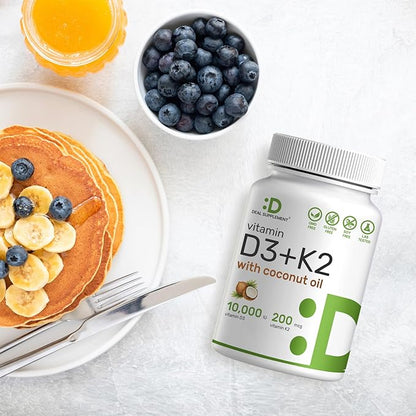 DEAL SUPPLEMENT Vitamin D3 10,000 IU + K2 MK7 200mcg Softgels, 250 Count | 2-in-1 Complex with Virgin Coconut Oil | Easy to Swallow