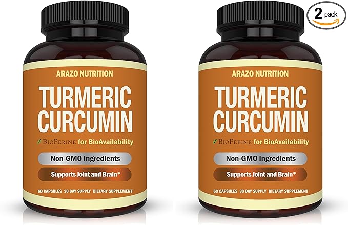 Arazo Nutrition Turmeric Curcumin with BioPerine 1300mg with Black Pepper - Joint Support Nutritional Supplements - 100% Herbal Tumeric Root Capsules (Pack of 2)
