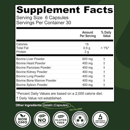 Beef Organ Supplement Grass Fed - 7 Beef Organs Complex from New Zealand - Liver Heart Pancreas Kidney Lung Spleen Bone Marrow - Non-GMO, No Fillers, Hormone & Antibiotic Free - Carnivore Diet - 180ct