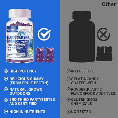 Nutravita Glucosamine Chondroitin Gummies with MSM & Elderberry Extra Strength - Joint Support, Antioxidant Immune Support Supplement for Adults, Men & Women.120 Blueberry Chews