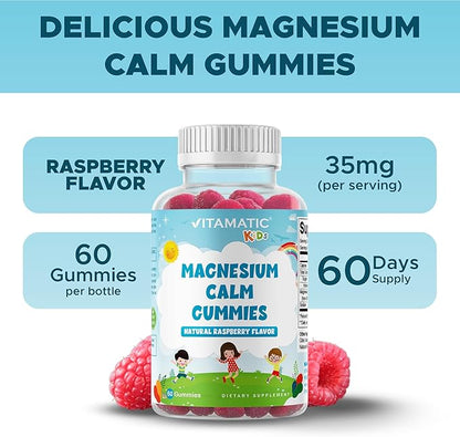 Vitamatic Kids Magnesium Calm Gummies - 60 Vegan Count - Great Tasting - Promote Healthy, Muscle, Bone, & Energy Support