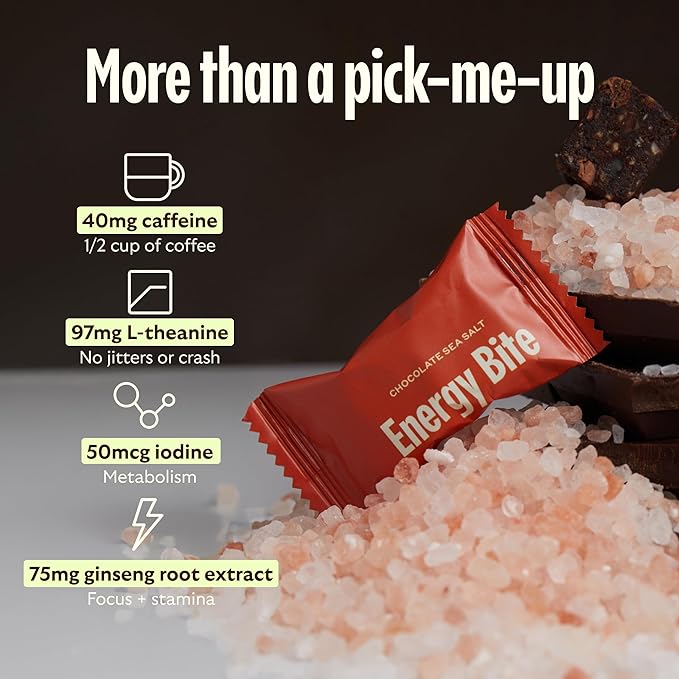 GEM Energy Caffeinated Chocolate Bite | Holistic Sustained Energy | Supports Metabolism, Stamina & Endurance | 40mg Caffeine, Ginseng Root, L-Theanine | Chocolate Cacao Sea Salt | 7 Servings
