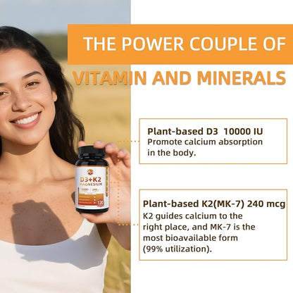 M inch Vitamin D3 K2 with Magnesium, Vitamin D3 10000 IU, Vitamin K2 MK-7 240 mcg, 6-in-1 K2 D3 Vitamin Supplement with Quercetin for Bone, Immune & Moo*d Support, Highly Bioavailable, 2 Packs