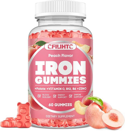 Iron Supplement for Women - Iron Gummies with Vitamin B6, B12, C, Zinc, Folate for Adults & Kids - Support Blood Builder, Iron Deficiency, Anemia, Energy Boost - Sugar Free 60ct Peach Flavor