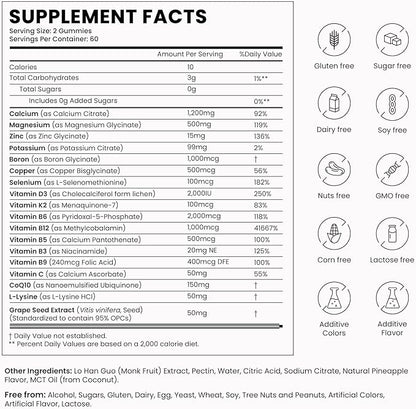 Calcium 1200 mg with Vitamin D3 Gummies, Calcium Citrate Supplements for Women & Men with Magnesium, Zinc, Vitamin D3 & K2, Potassium, Chews for Bone Strength & Muscle Support, Sugar Free, Vegan