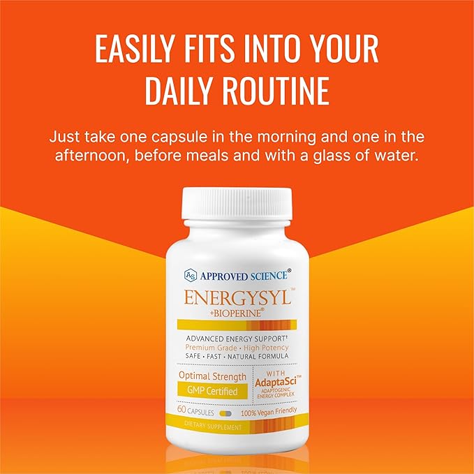 Approved Science Energysyl - Caffeine Free - with Adaptogens, B Vitamins, and Bioperine - 1 Month Supply - 60 Capsules - Made in The USA