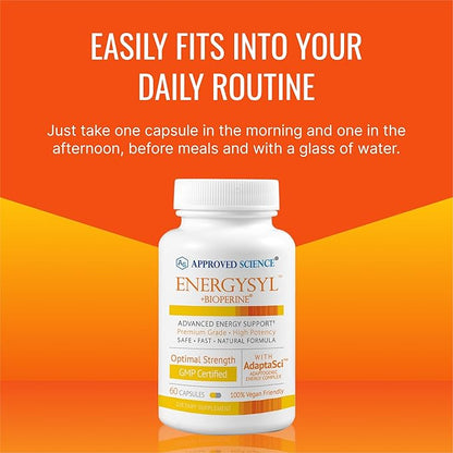 Approved Science Energysyl - Caffeine Free - with Adaptogens, B Vitamins, and Bioperine - 1 Month Supply - 60 Capsules - Made in The USA