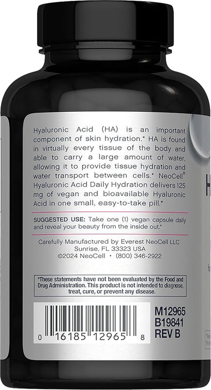 NeoCell Hyaluronic Acid Capsules | 60 Pills | 125 mg | Daily Hydration | Hair, Skin & Nails | Vegan Supplement