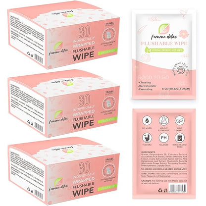 Flushable Feminine Wipes pH-Balanced & Unscented for Sensitive Skin | Individually Wrapped, Septic-Safe, Aloe-Infused | Travel & Home Use (90 Count)