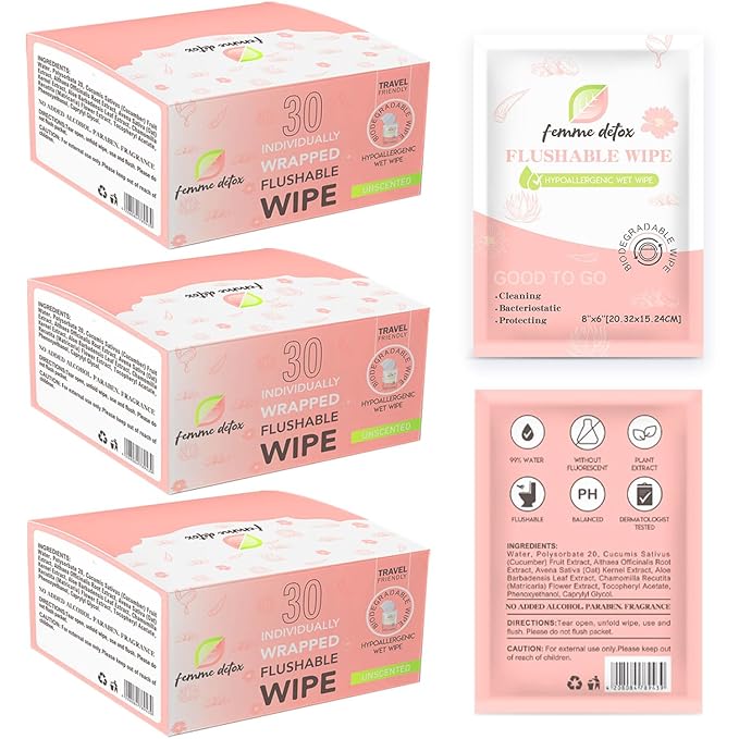 Flushable Feminine Wipes pH-Balanced & Unscented for Sensitive Skin | Individually Wrapped, Septic-Safe, Aloe-Infused | Travel & Home Use (90 Count)