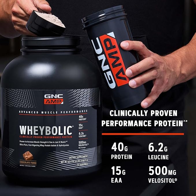 GNC AMP Wheybolic Clinically Proven Protein Powder, 40g Whey Protein, BCAA, Leucine, Increases Muscle Strength, Muscle Building, 3rd Party Tested, Gluten Free, Natural Vanilla, 25 Servings