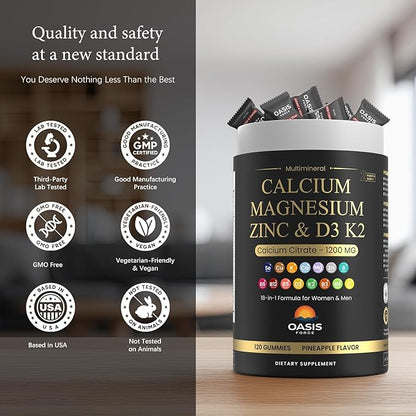 Calcium 1200 mg with Vitamin D3 Gummies, Calcium Citrate Supplements for Women & Men with Magnesium, Zinc, Vitamin D3 & K2, Potassium, Chews for Bone Strength & Muscle Support, Sugar Free, Vegan