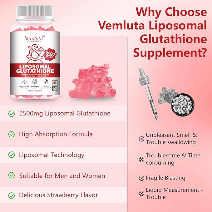 1 Pack 2500MG Liposomal Glutathione Gummies, 2X Absorption Liposomal Glutathione for Women-Complex L-Cysteine, Antioxidant, Skin & Liver Support, Strawberry Flavor, 60 Count