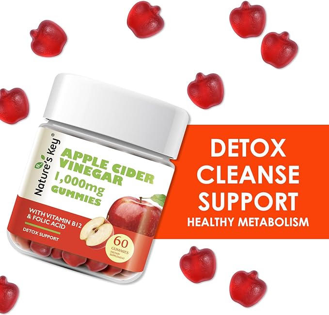 Nature's Key Apple Cider Vinegar Gummies -1000mg 60 Count, for Weight Loss, Digestion, Natural Detox & Cleanse | Vegan, Non-GMO, Gluten Free| with Folic Acid Vitamin B6 B12 Beetroot Pomegranate