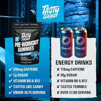TASTY GAINS - Pre-Workout Gummies – Energy & Focus Boost, Caffeine Gummies for Men & Women, 200mg of Caffeine, Fat-Burning Preworkout for Strength & Endurance (60, Pineapple Mango)