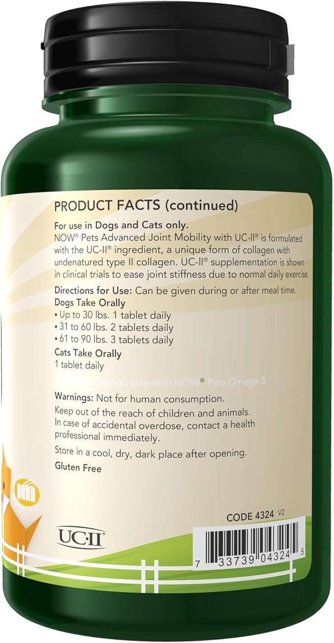 Now Pets, UC-II® Advanced Joint Mobility for Dogs and Cats, Veterinarian formulated, Help Maintain Cartilage and Connective Tissue*, 60 Chewable Tablets (60 Grams)