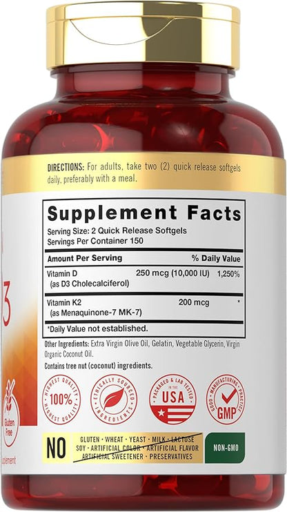 Carlyle Vitamin K2 D3 Supplement | 300 Softgels | 200mcg K2 MK7 & 10,000 IU D3 | Non-GMO, Gluten Free