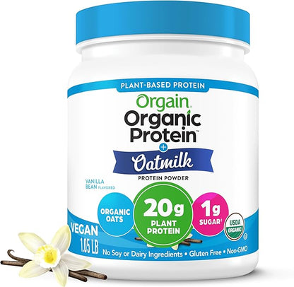 Orgain Organic Vegan Protein Powder + Oat Milk, Vanilla Bean - 20g Plant Based Protein, Gluten Free, No Dairy, Soy or Lactose Ingredients, Low Sugar, Non-GMO, Kosher, For Shakes & Smoothies - 1.05lb