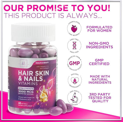 Hair Vitamins for Women for Hair Growth - Argan-Infused Supplement with Collagen, Biotin and Hyaluronic Acid - Supports Faster Hair Growth, Skin & Nails Beauty Vitamins, Bottled in USA - 60 Softgels