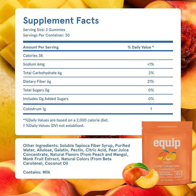 Equip Foods Core Bovine Colostrum Gummies, Delicious 1g Per Seving Grass Fed Colostrum Supplement - Gut Health, Immunity, Recovery, Hair & Skin - 60 Bovine Colostrum Gummies, 30 Servings, Peach Mango