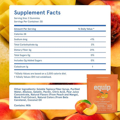 Equip Foods Core Bovine Colostrum Gummies, Delicious 1g Per Seving Grass Fed Colostrum Supplement - Gut Health, Immunity, Recovery, Hair & Skin - 60 Bovine Colostrum Gummies, 30 Servings, Peach Mango
